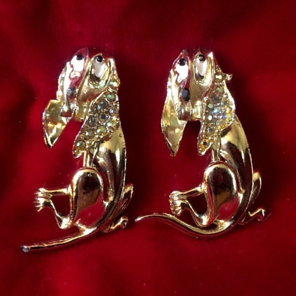 2 Vintage Doxie Dogs Pins Retro Sweater Set Gold Tone w/Rhinestone Ears! 1960s!